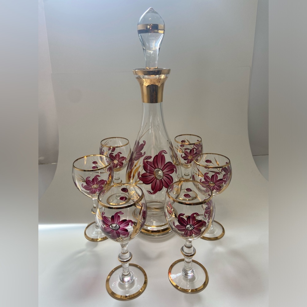 Hand-Painted Bohemian glass floral Wine Decanter and glasses set Gold accents